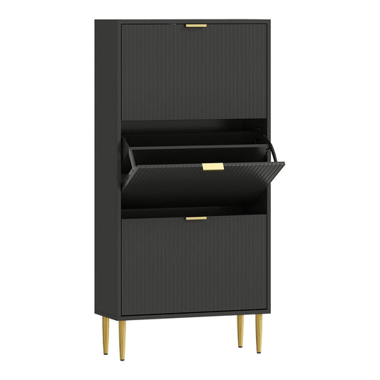 HOMCOM Elegant Three-Drawer Shoe Cabinet with fluted doors and gold handles