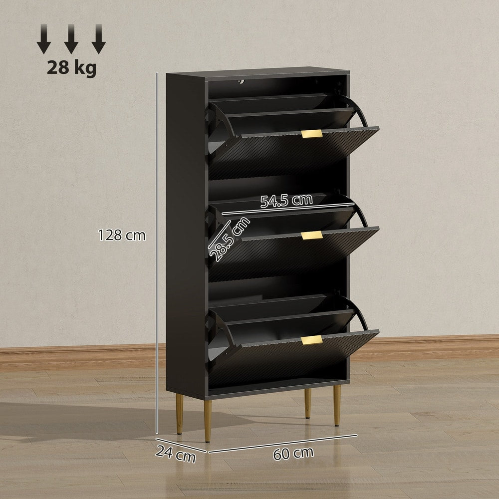 Dimensions of the black three-drawer shoe storage cabinet
