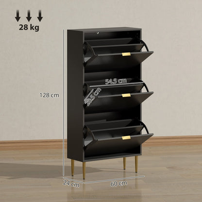 Dimensions of the black three-drawer shoe storage cabinet