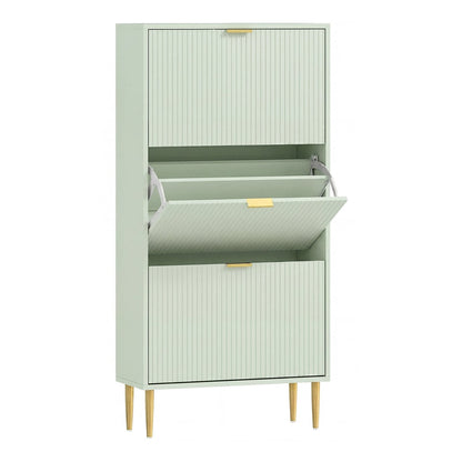 HOMCOM Elegant Three-Drawer Shoe Cabinet in light green with fluted doors and gold handles