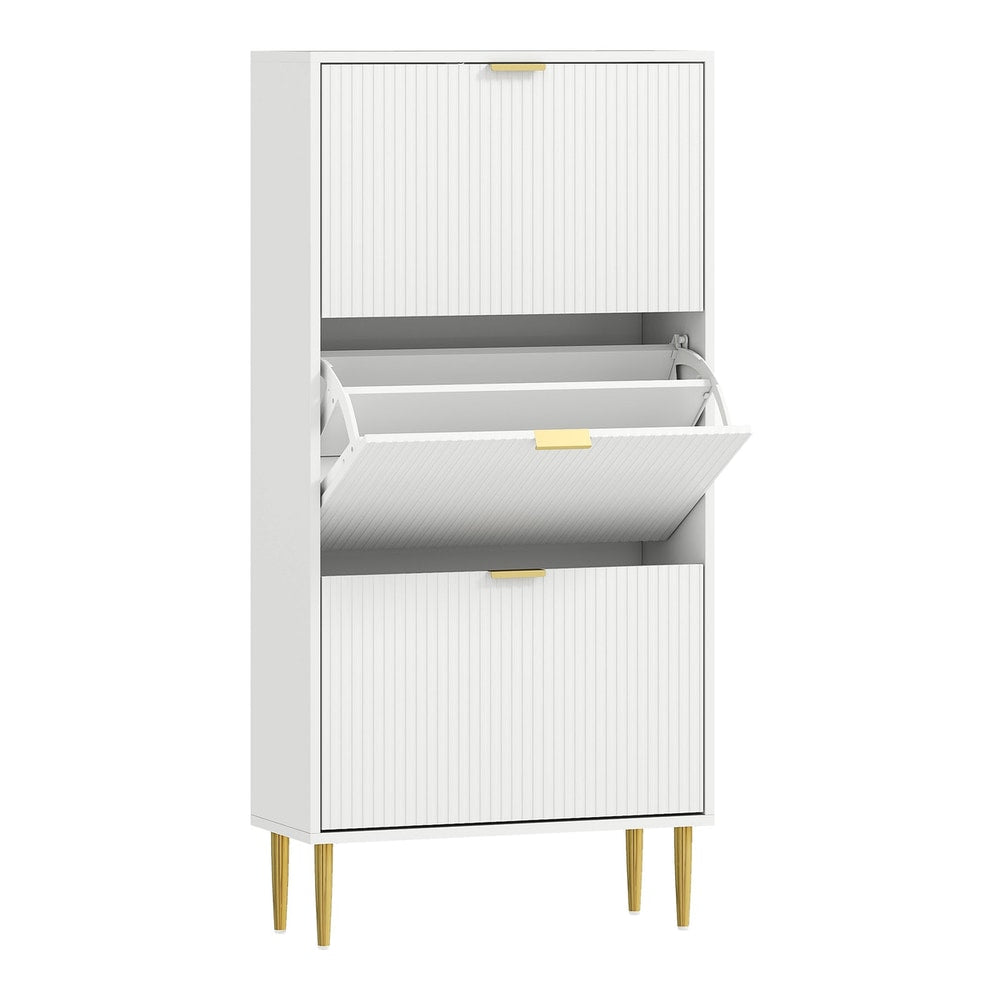 HOMCOM Elegant Three-Drawer Shoe Cabinet - White, a tall white cabinet with three flip-down drawers and gold handles