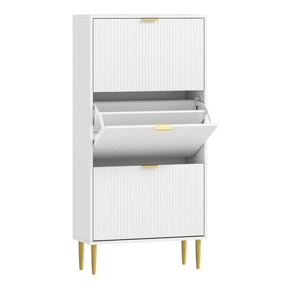 HOMCOM Elegant Three-Drawer Shoe Cabinet - White, a tall white cabinet with three flip-down drawers and gold handles