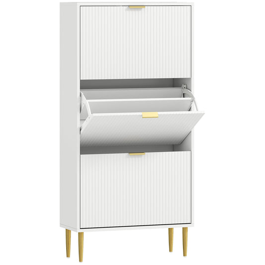HOMCOM Elegant Three-Drawer Shoe Cabinet - White, a tall white cabinet with three flip-down drawers and gold handles