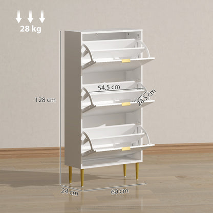 Dimensions of the white three-drawer shoe cabinet, showing height, width and depth