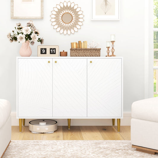 The elegant two-cupboard sideboard in white with gold tone legs and handles, set in a stylish room