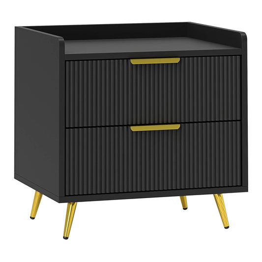 HOMCOM Elegant Two-Drawer Bedside Table in black with gold legs and handles