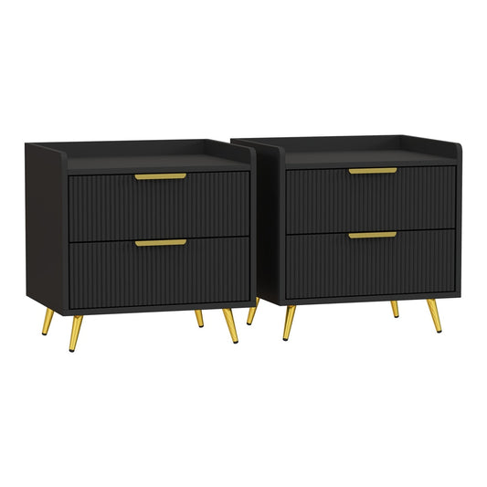 HOMCOM Elegant Two-Drawer Bedside Table Set of 2 in black with gold legs and ribbed drawer fronts