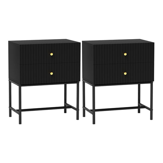 HOMCOM Elegant Two-Drawer Bedside Table Set of 2 in black with gold handles
