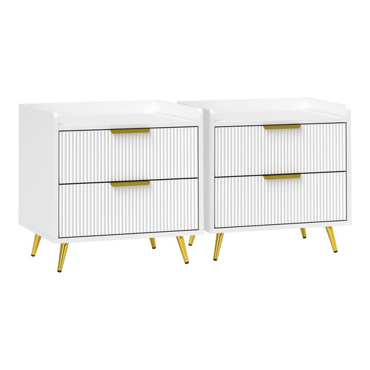 HOMCOM Elegant Two-Drawer Bedside Table Set of 2 in white with gold legs and fluted drawer fronts