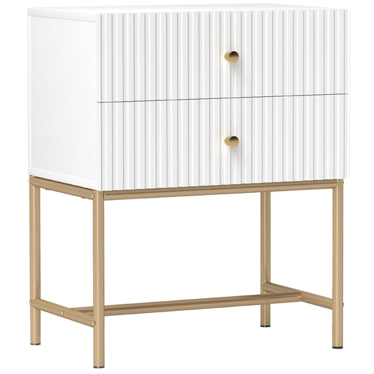 HOMCOM Elegant Two-Drawer Bedside Table in white with gold legs and two drawers with gold handles