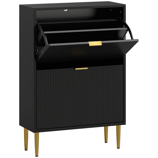 HOMCOM Elegant Two-Drawer Shoe Cabinet with fluted doors and gold handles