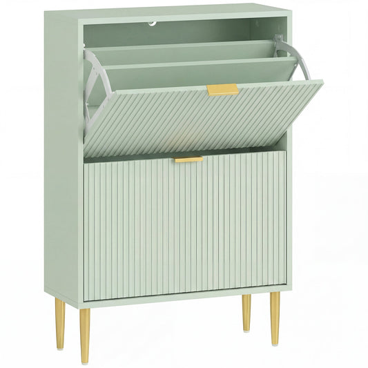 HOMCOM Elegant Two-Drawer Shoe Cabinet in light green with fluted doors and gold handles