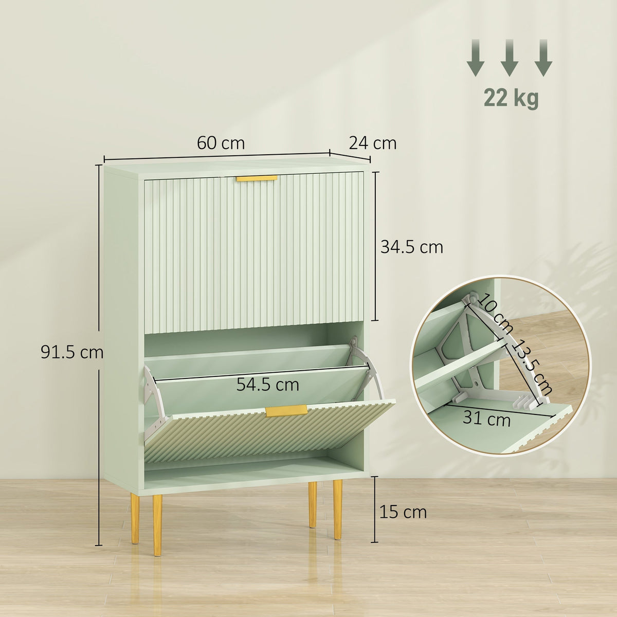 Dimensions of the light green shoe storage cabinet with two drawers and fluted doors