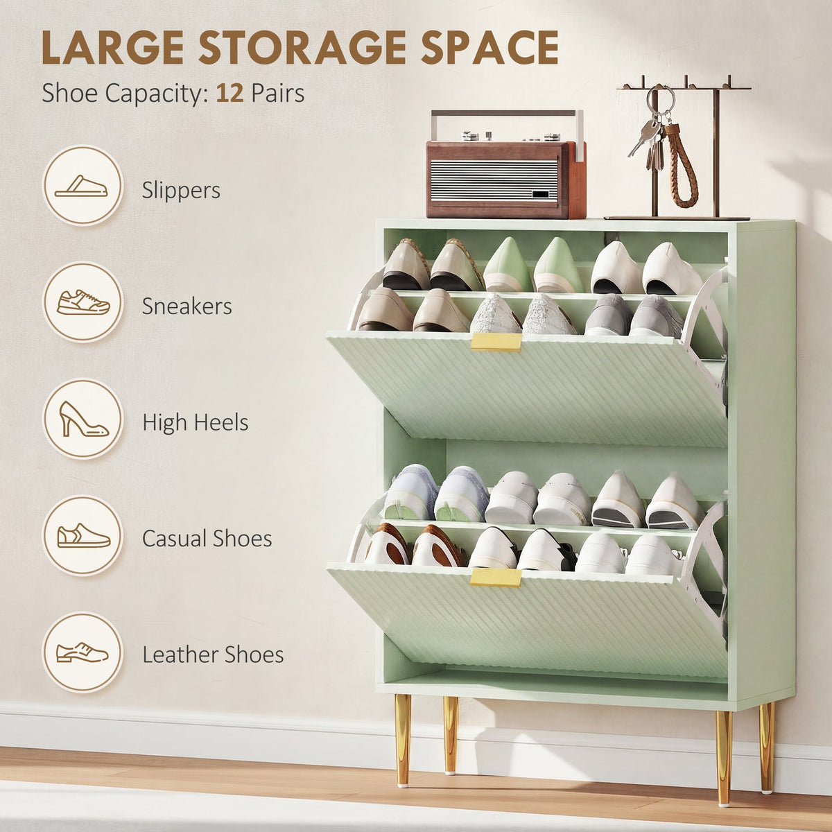 the light green shoe storage cabinet with both drawers open displaying various types of footwear