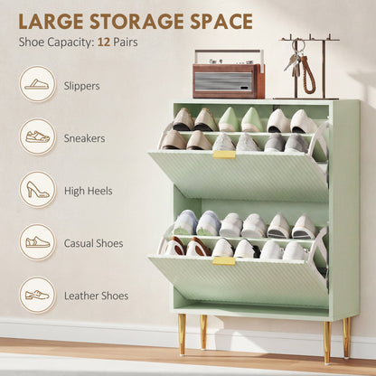 the light green shoe storage cabinet with both drawers open displaying various types of footwear