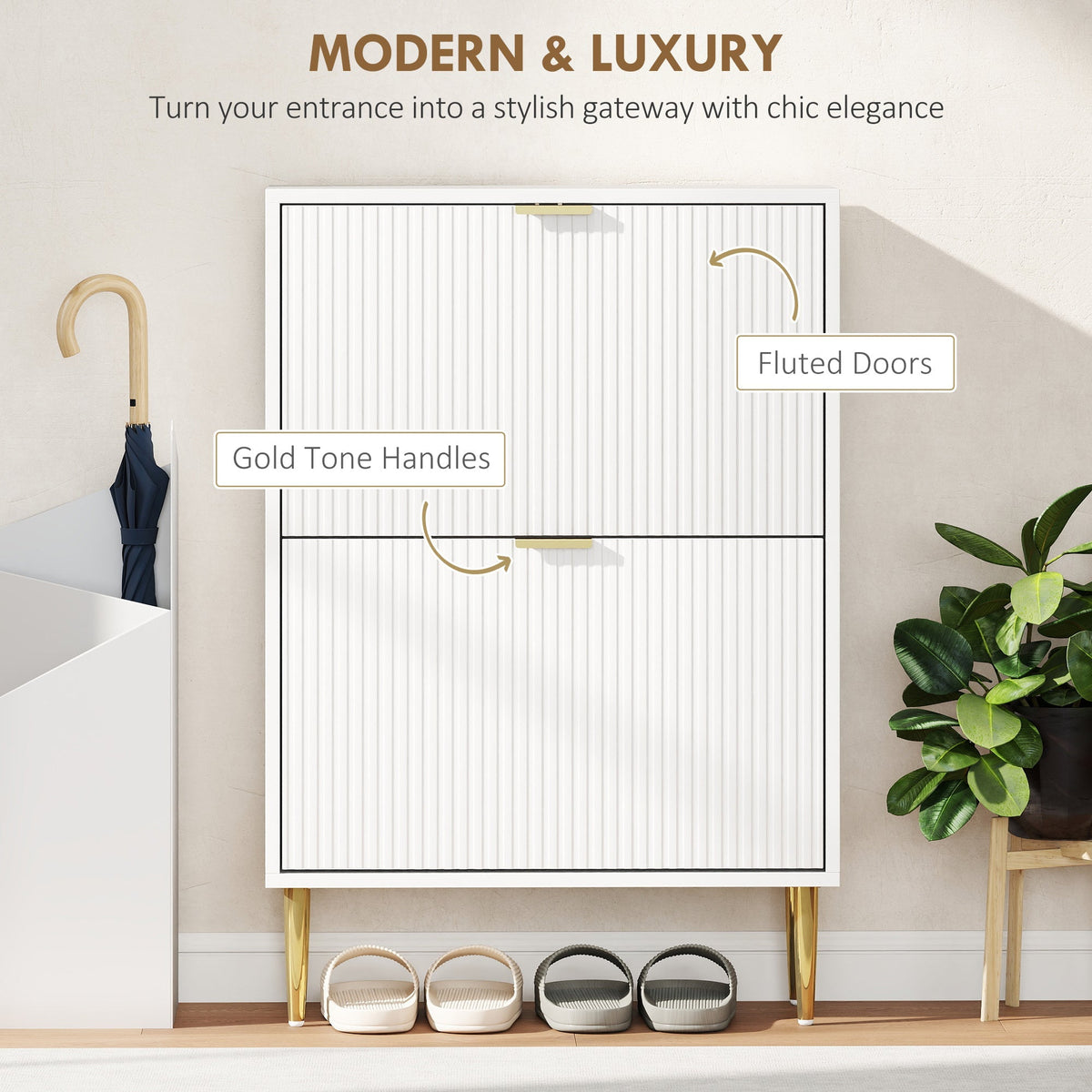 The shoe storage unit with closed doors highlighting the gold handles and fluted texture