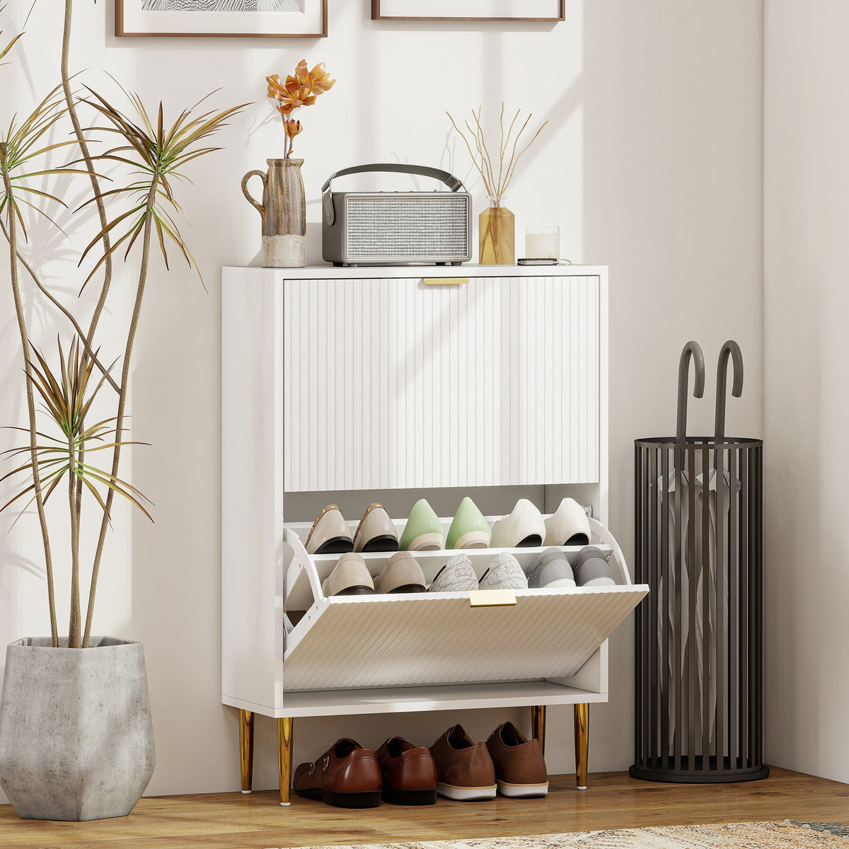 The shoe storage unit placed in a bright hallway with shoes inside the open compartments