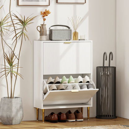 The shoe storage unit placed in a bright hallway with shoes inside the open compartments