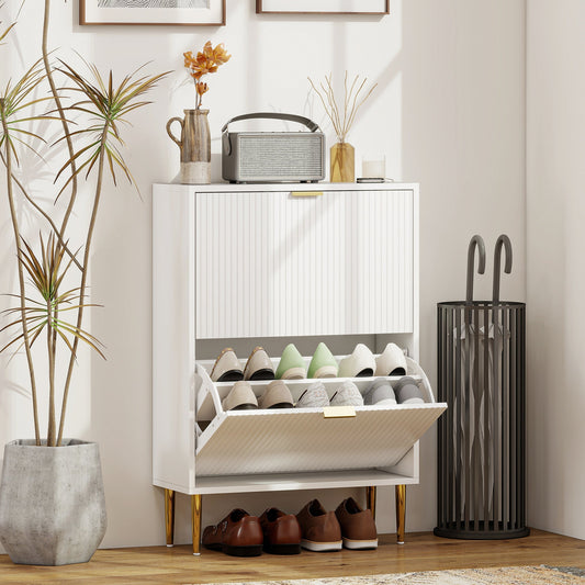 The shoe storage unit placed in a bright hallway with shoes inside the open compartments
