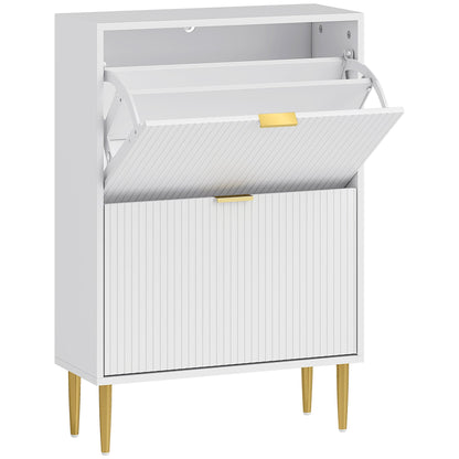 HOMCOM Elegant Two-Drawer Shoe Cabinet in white with gold legs and fluted door fronts