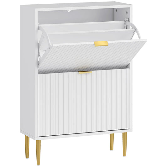 HOMCOM Elegant Two-Drawer Shoe Cabinet in white with gold legs and fluted door fronts