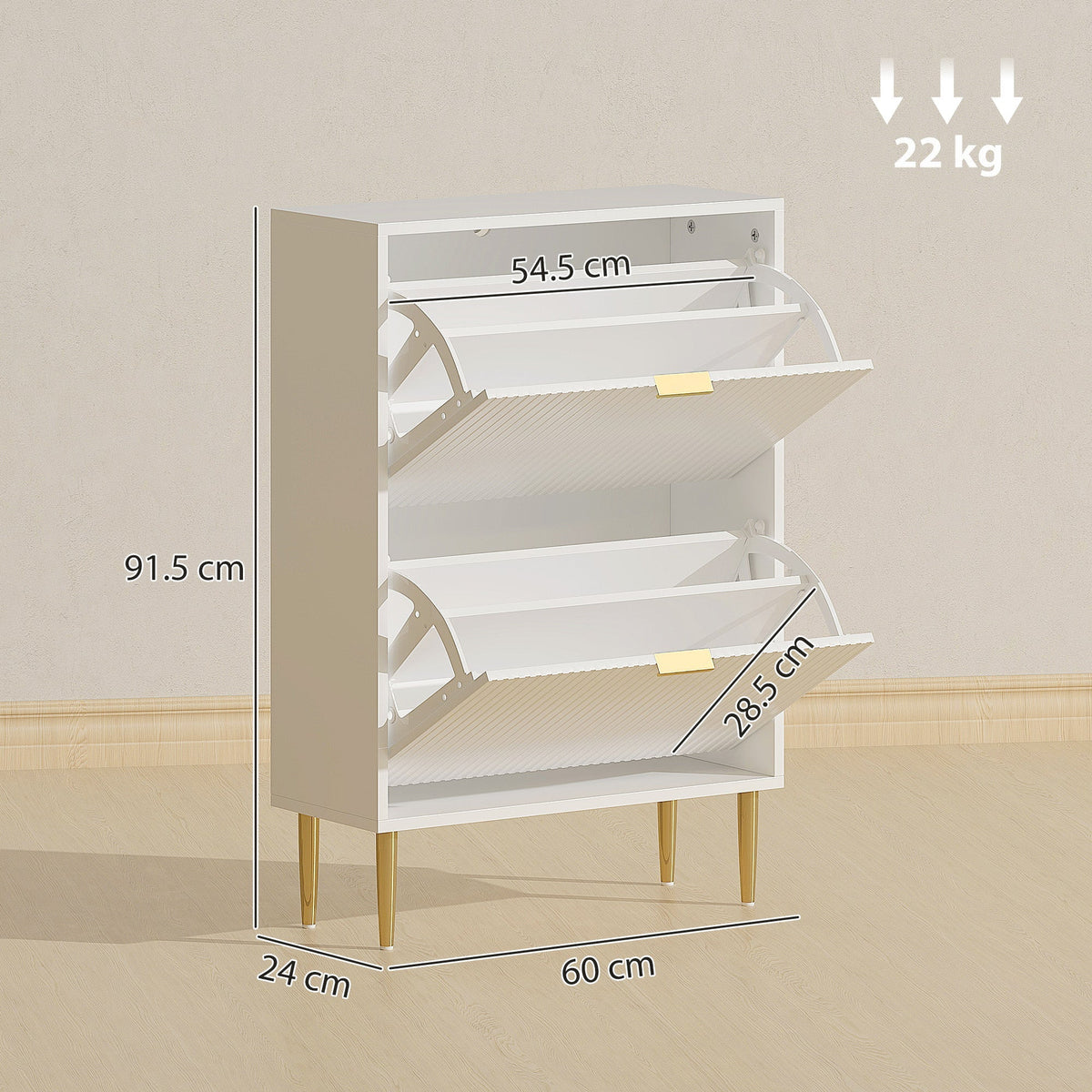 The shoe storage unit showing height width and depth dimensions with arrows