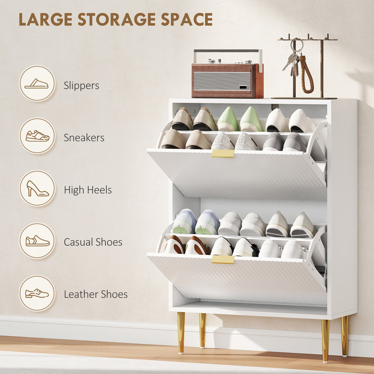 The shoe storage unit showing various types of footwear stored in the open drawers