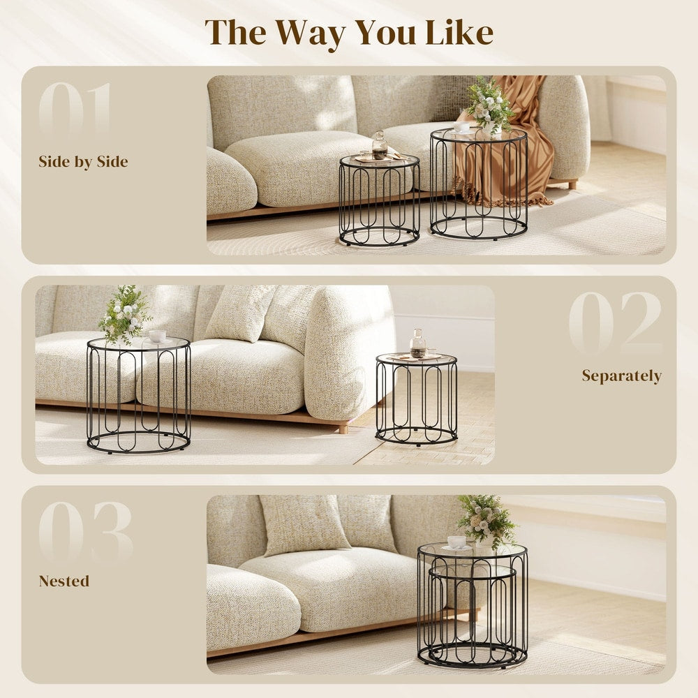 Three arrangements of the nesting tables: side by side, separately, and nested