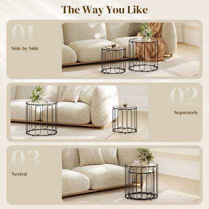 Three arrangements of the nesting tables: side by side, separately, and nested