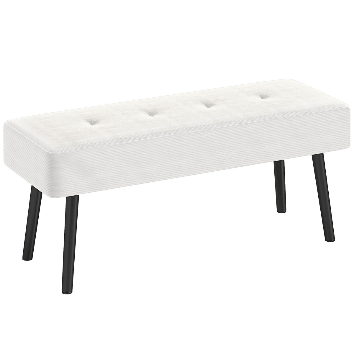HOMCOM End of Bed Bench, a cream white corduroy upholstered ottoman with tufted buttons and black steel legs