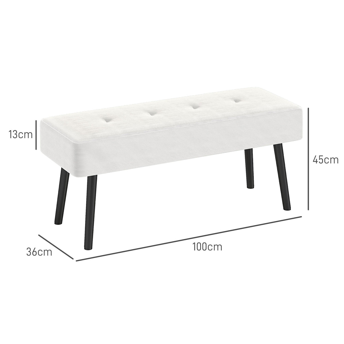 Cream white corduroy bedroom bench with thick padding and steel legs, tufted window seat for entryway, living room