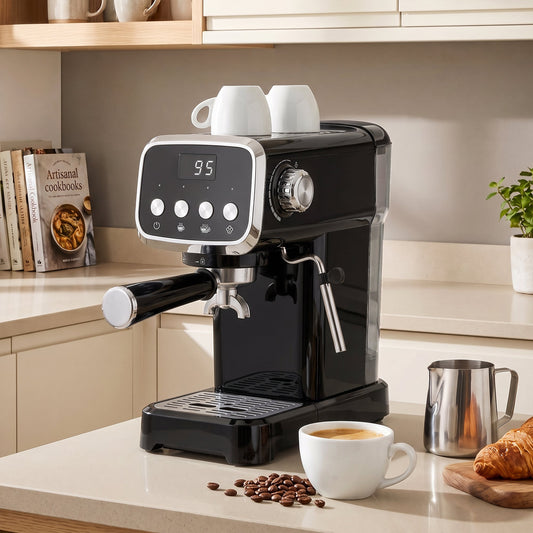 the coffee maker on a kitchen counter with a cup of coffee and a croissant