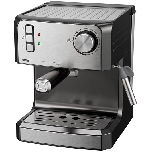 HOMCOM Espresso Machine in black and silver with a frother wand and drip tray