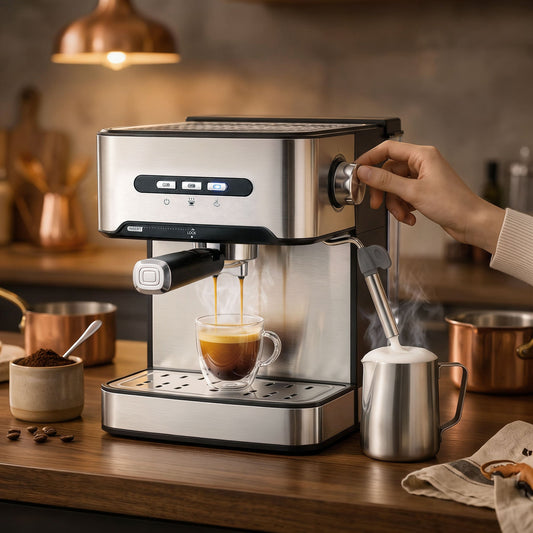 The espresso machine making a cappuccino with steamed milk and espresso