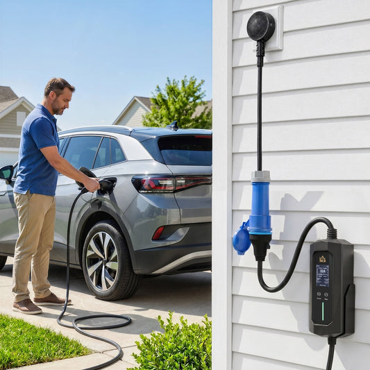 The electric car charger being used to charge a car in a driveway setting