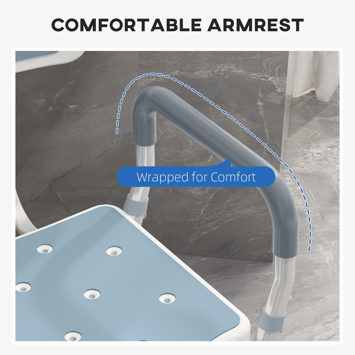 Close up of the shower stool armrest showing padding for comfort