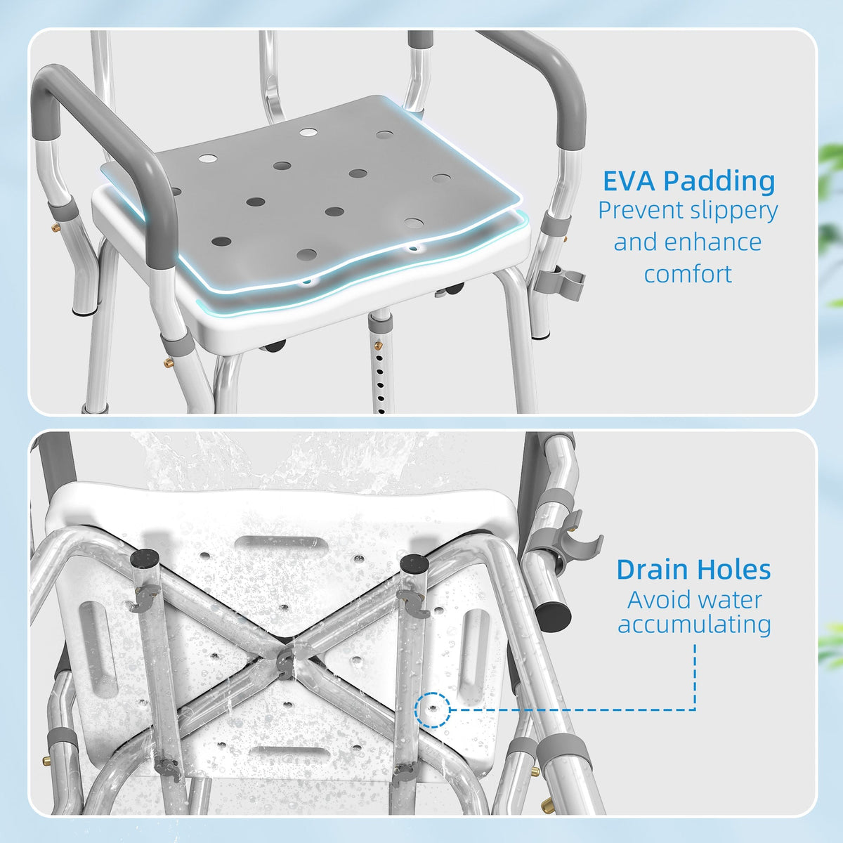 Close up of the padded seat and drain holes on the shower stool