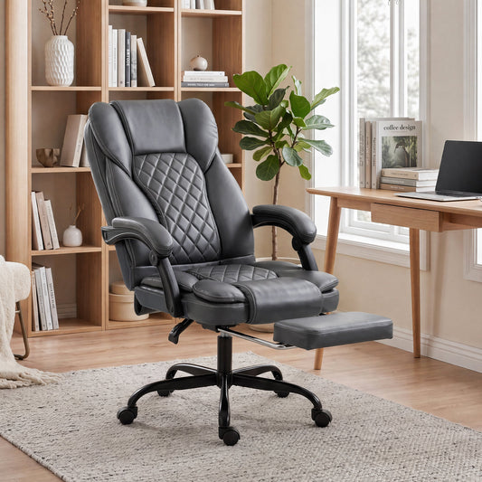 The grey office chair with footrest extended, shown in a home office setting