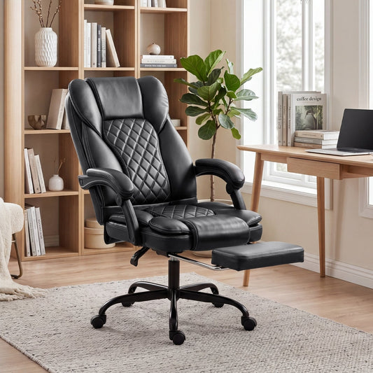 The office chair in a home office setting, with the footrest extended, next to a wooden desk and bookshelf