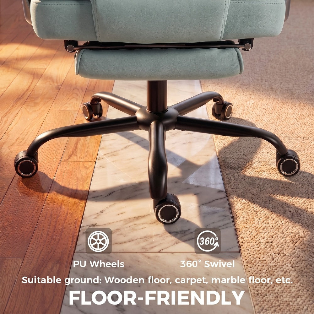 Close-up of the base of the blue office chair showing its wheels