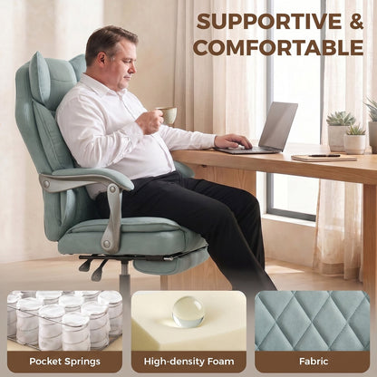 The blue office chair shown in use by a man working at a desk