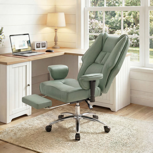 The green office chair with footrest extended, placed in a home office setting