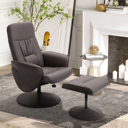Brown leather recliner chair and footstool set in a living room setting