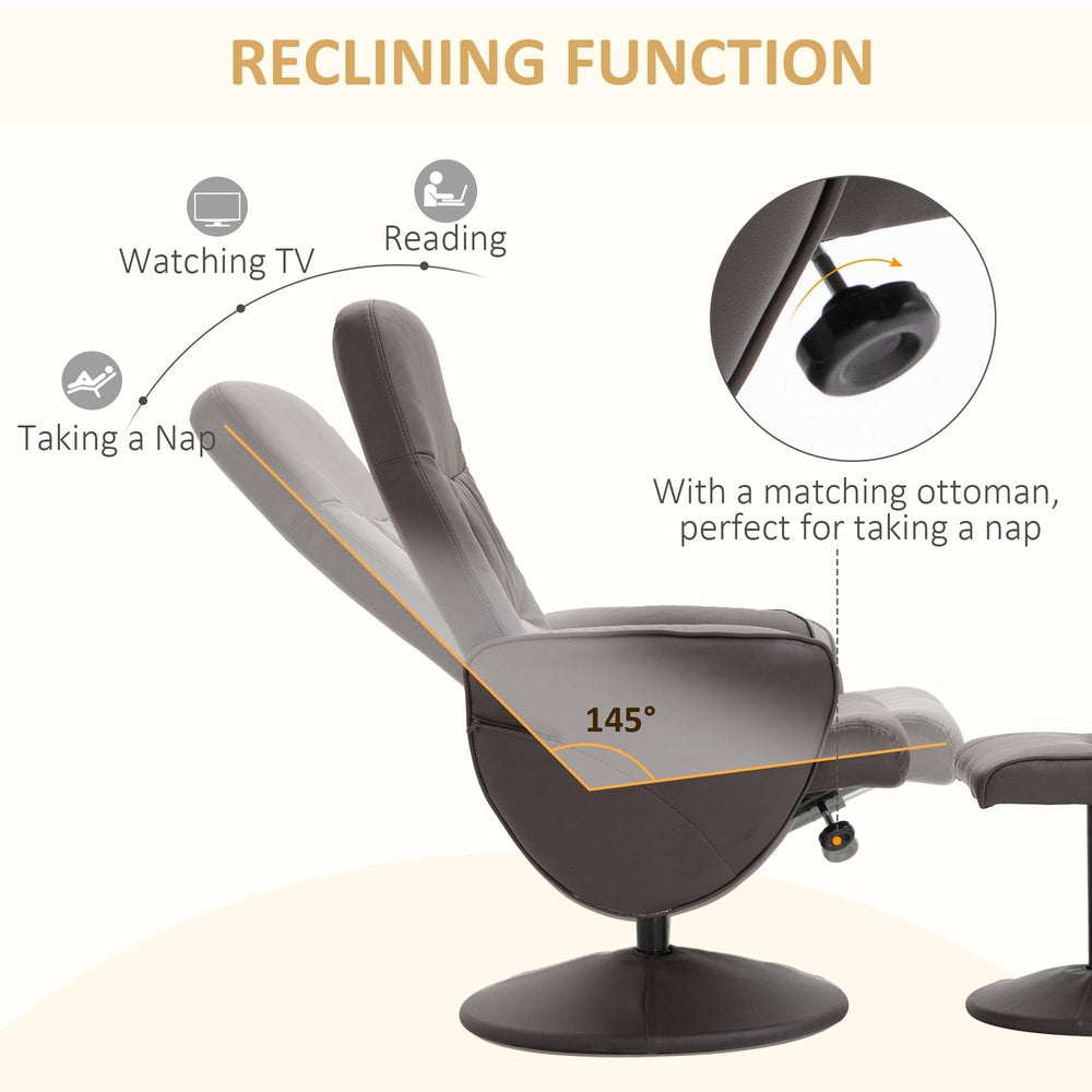 Reclining function of the brown leather armchair with ottoman