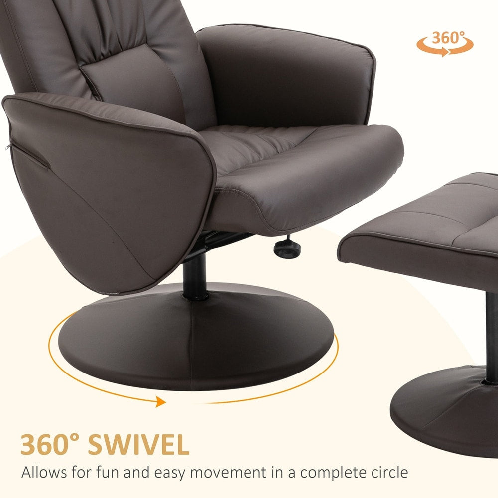 Swivel base of the brown leather recliner chair and footstool