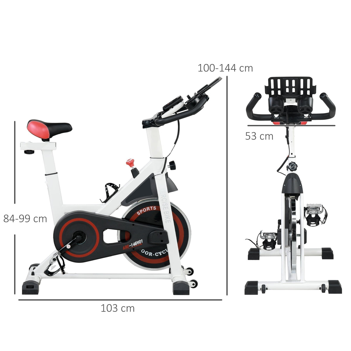 Dimensions of the white exercise bike with adjustable seat and handlebars