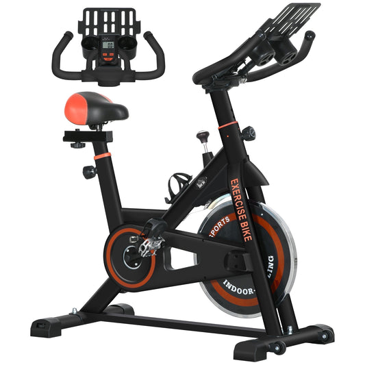 HOMCOM Exercise Bike, a black indoor cycling machine with an orange seat and handlebars