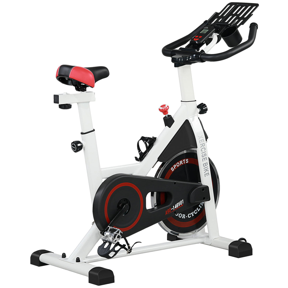 HOMCOM Exercise Bike in white with a red seat and black pedals