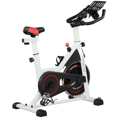 HOMCOM Exercise Bike in white with a red seat and black pedals