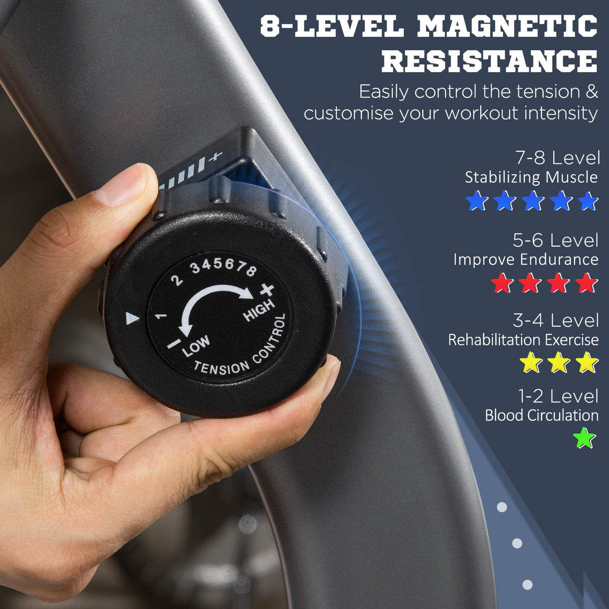 A hand adjusting the circular tension knob to change the magnetic resistance levels